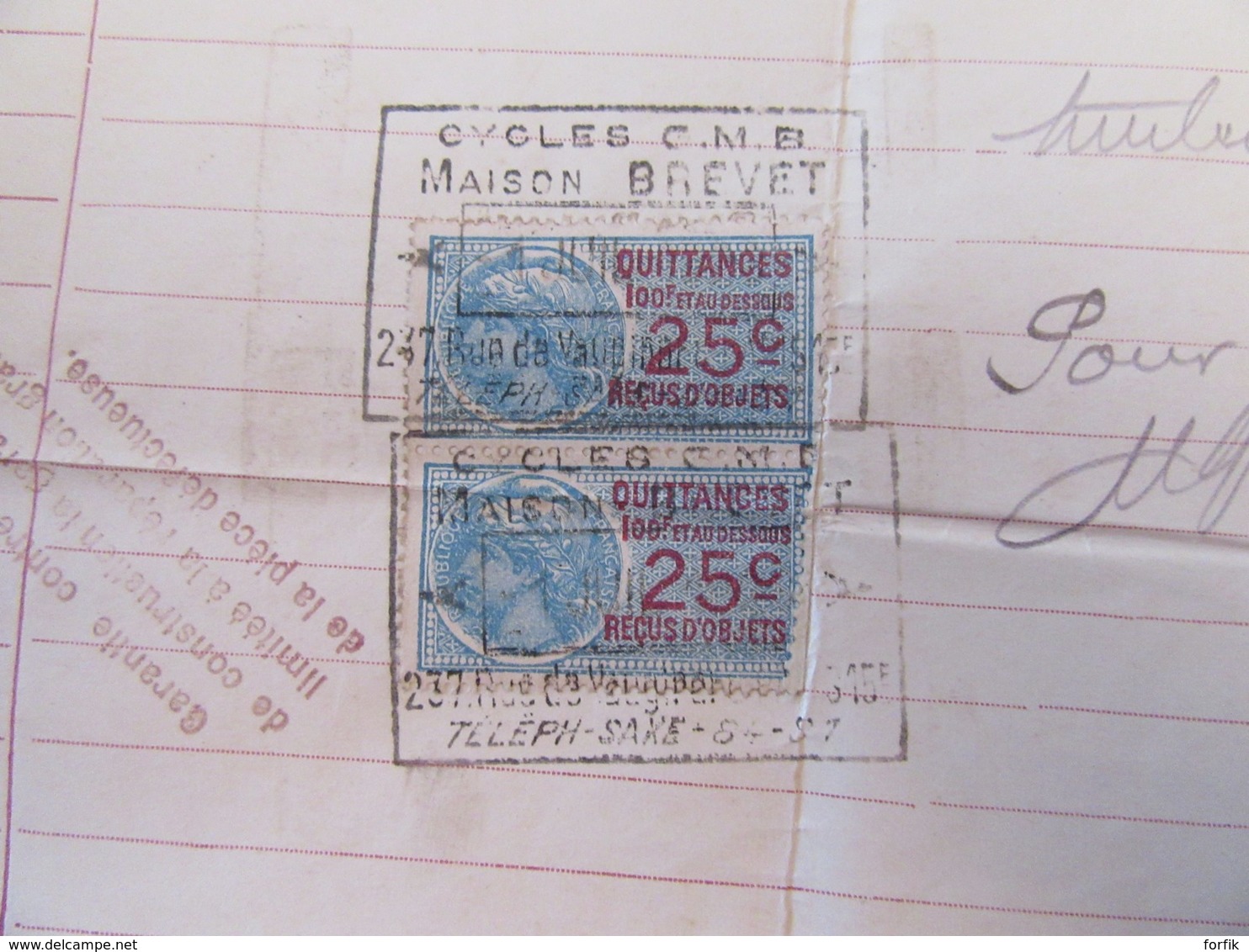 France - Paire De Timbres De Quittances 25c Sur Facture Des Fournitures Générales Pour Cycles G.M. Brevet (GMB) - 1923 - Autres & Non Classés