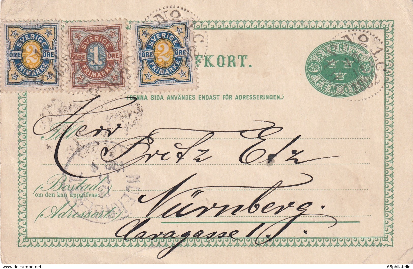 SUEDE 1892    ENTIER POSTAL/GANZSACHE/POSTAL STATIONERY CARTE POUR NÜRNBERG - Ganzsachen