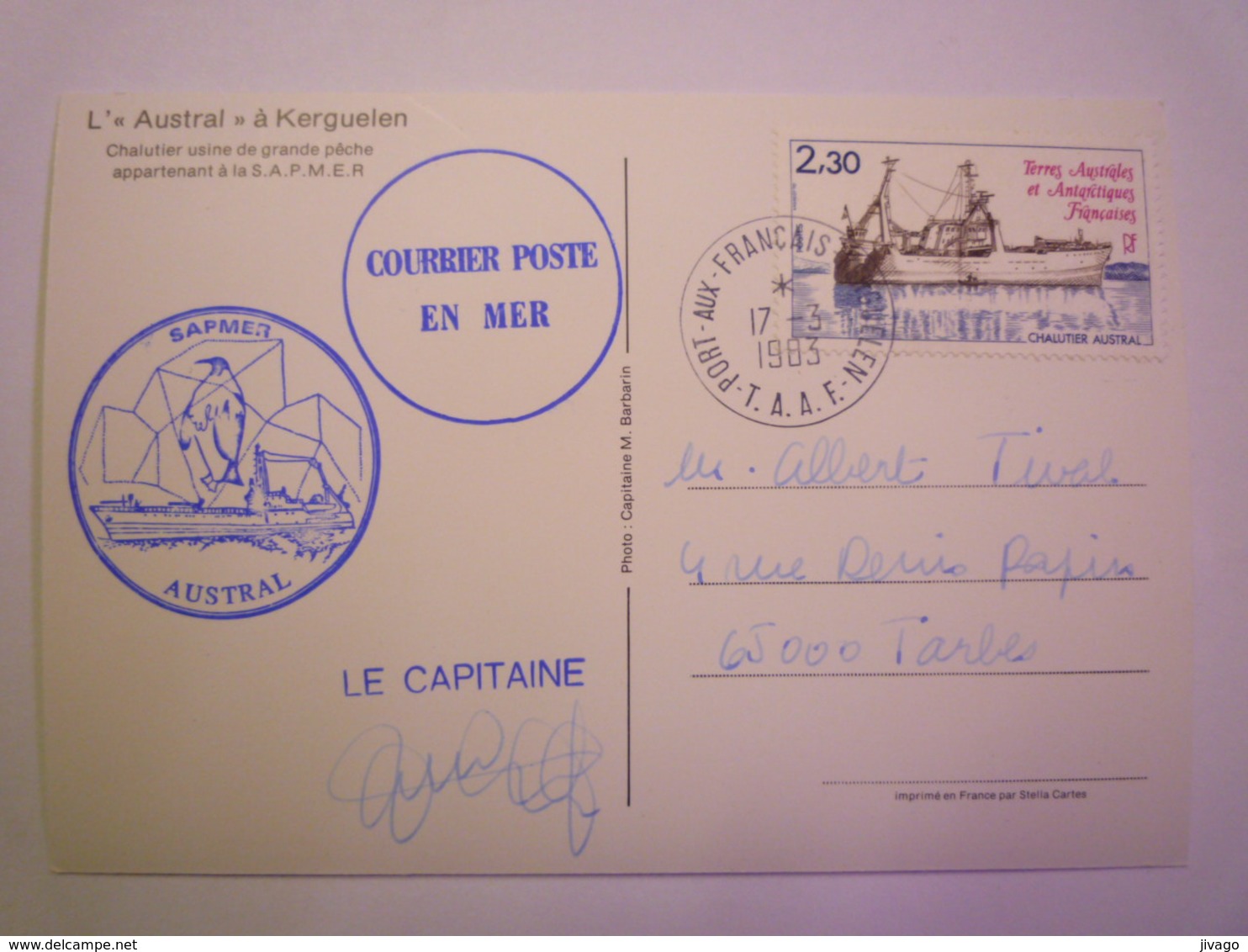 2019 - 1103  Carte Postale Au Départ De PORT-aux-FRANCAIS à Destination De TARBES  1983     - Briefe U. Dokumente