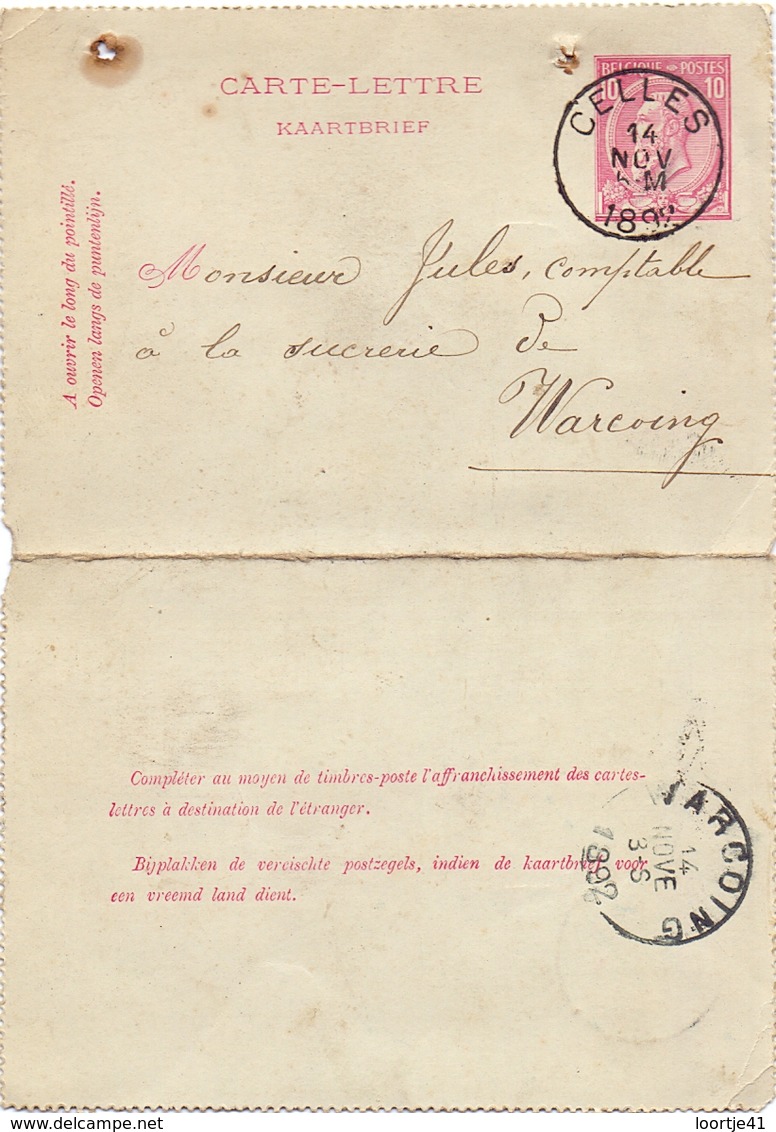 Kaartbrief - Carte Lettre - M. R. Bataille De Celles à Warcoing - 1892 - Letter Covers