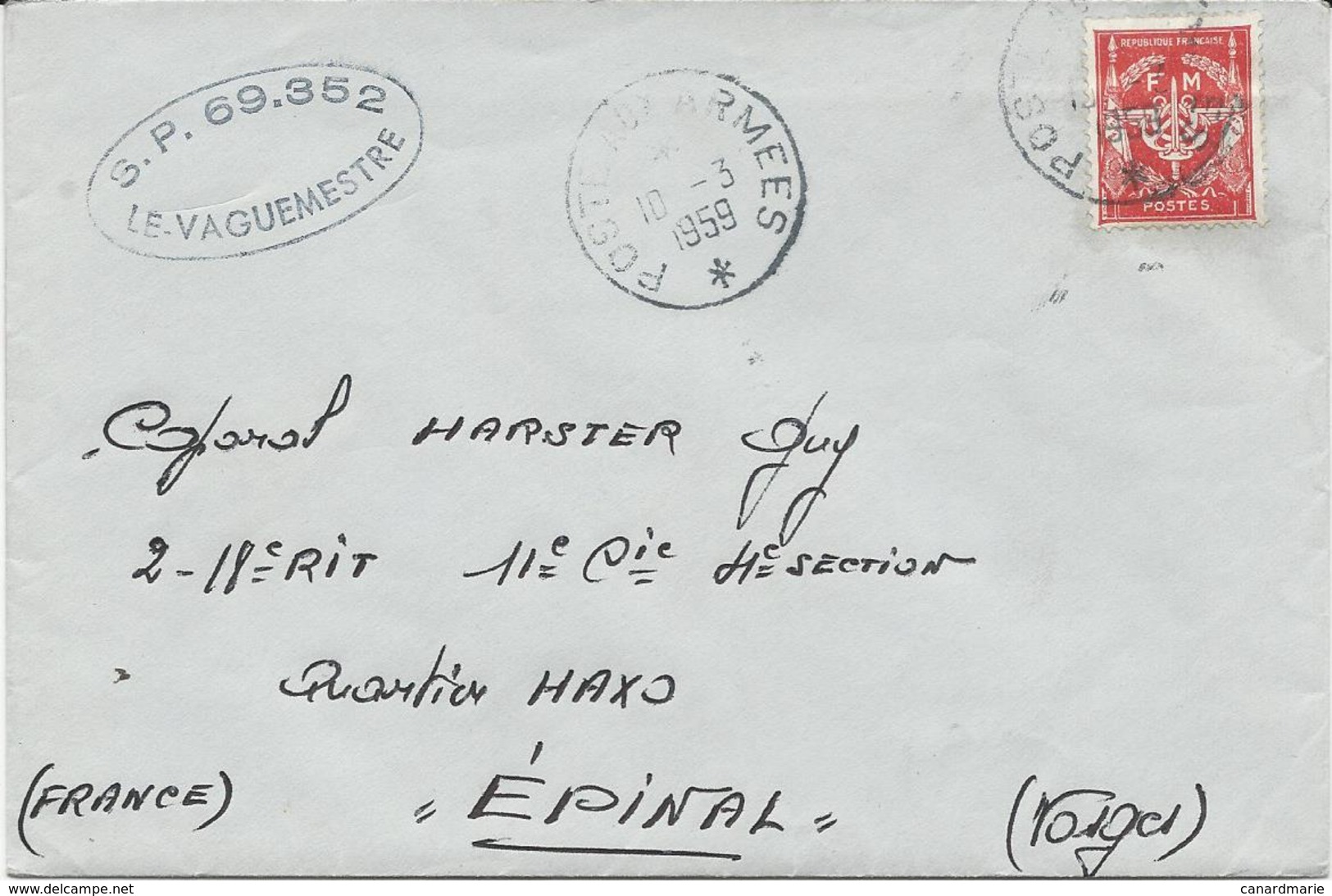 LETTRE 1959 AVEC TIMBRE DE FRANCHISE MILITAIRE ET CACHET S.P. 69.352 LE VAGUEMESTRE - Cachets Militaires A Partir De 1900 (hors Guerres)