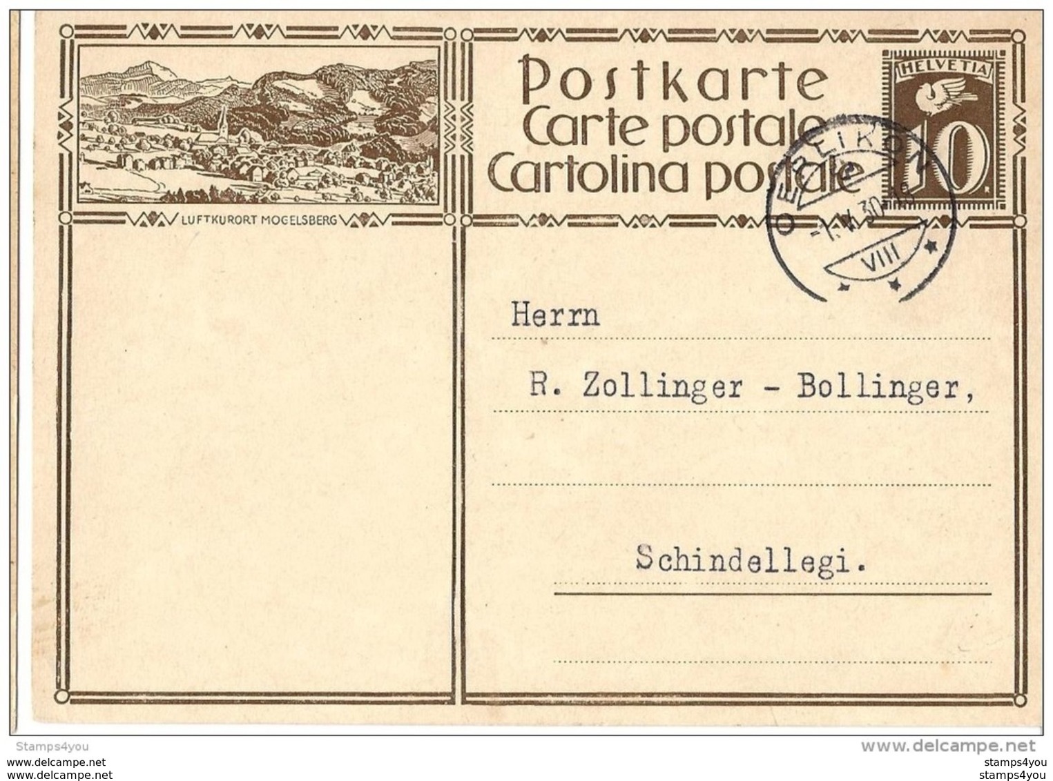 VI32 - Entier Postal  Avec Illustration "Luftkurort Mogelsberg" Cachet à Date De Oerlikon 1930 - Interi Postali