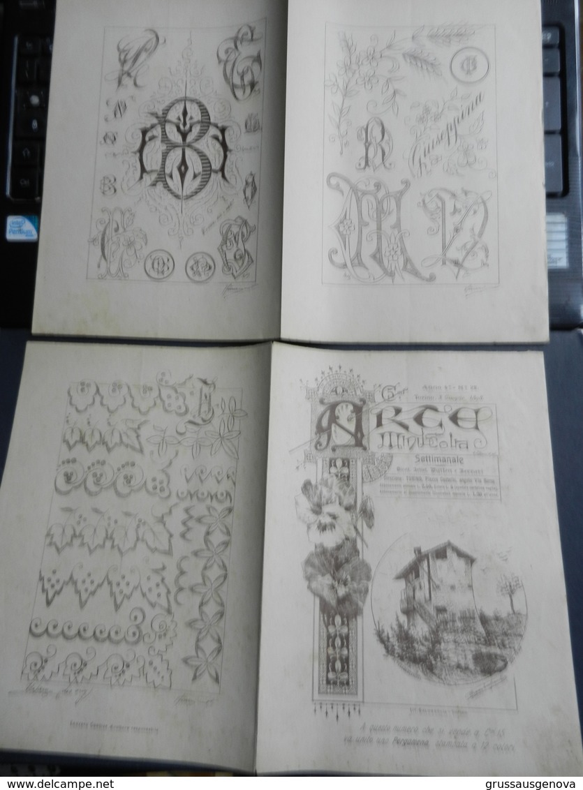 8g) ARTE MINUSCOLA LEZIONE DI DISEGNO 5 GIUGNO 1898 DUE FOGLI CON VARIE IMMAGINI TORINO ESPOSIZIONE - Altri & Non Classificati