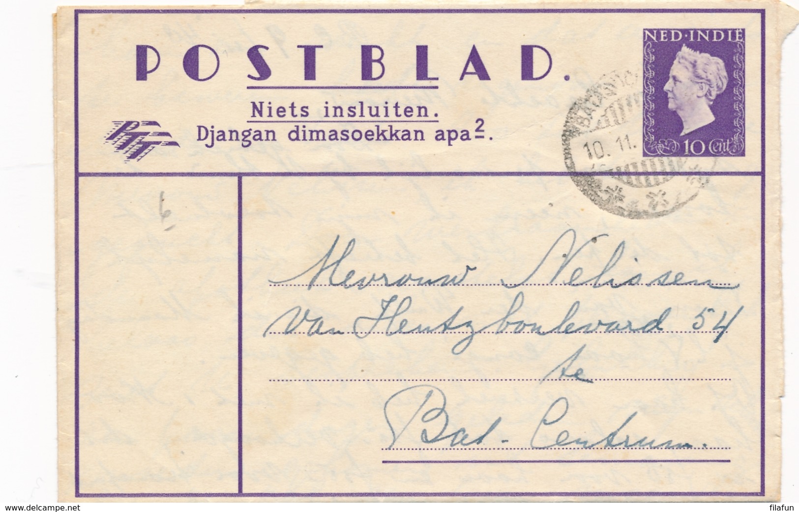 Nederlands Indië - 1948 - 10 Cent Juliana Type Hartz, Postblad G6 Lokaal Gebruikt Batavia - Nederlands-Indië