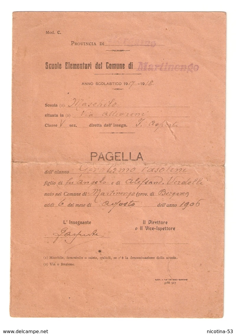 PA--00002-- PAGELLA ANNO SCOLASTICO 1917-1918 - MARTINENGO ( BERGAMO ) - Diploma's En Schoolrapporten