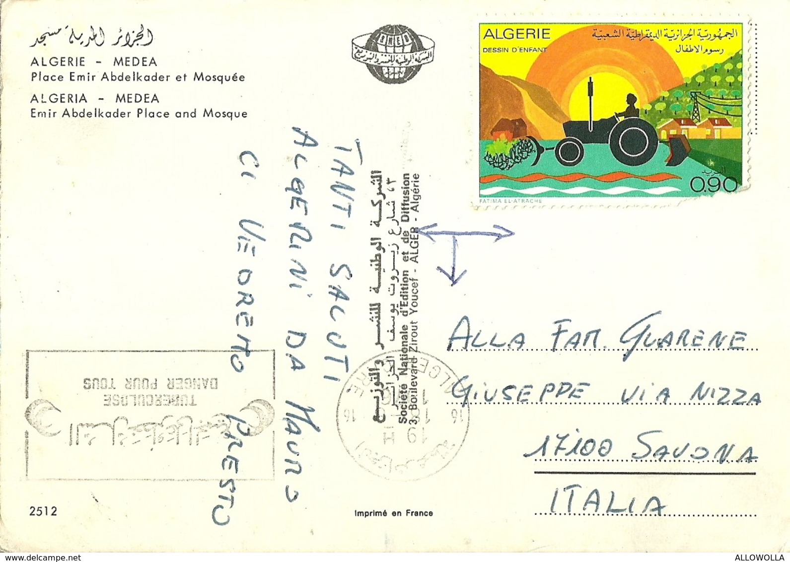 3118 " ALGERIE-MEDEA-PLACE EMIR ABDELKADER ET MOSQUEE"  CART. POST. ORIG. SPED.1976 - Medea