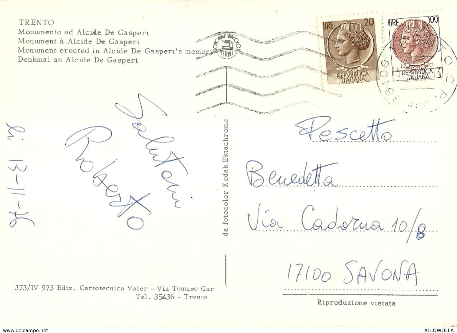 3121 " MONUMENTO AD ALCIDE DE GASPERI "   CART. POST. ORIG. SPED.1976 - Trento