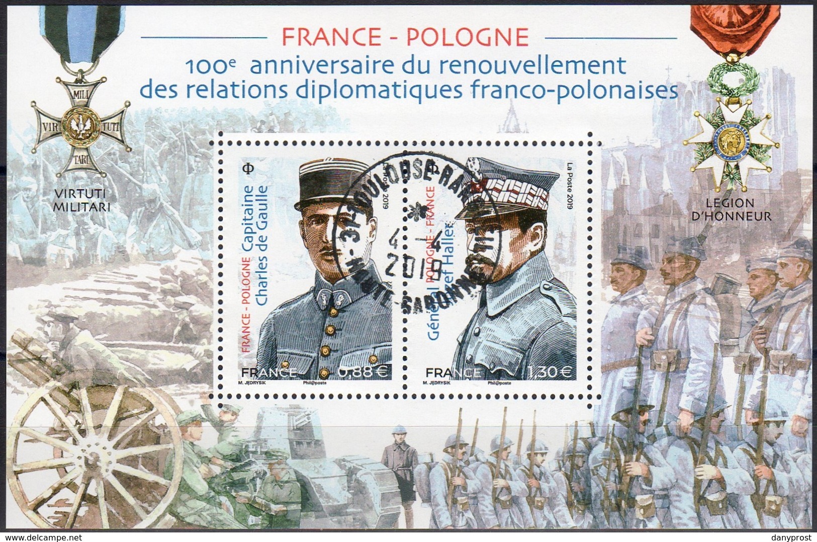 BLOC FEUILLET 2019 De 2t à 1.30 € + 0.88 € " RELATIONS FRANCE-POLOGNE " /  OBLITERE CIRCULAIRE SUPERBE - Used