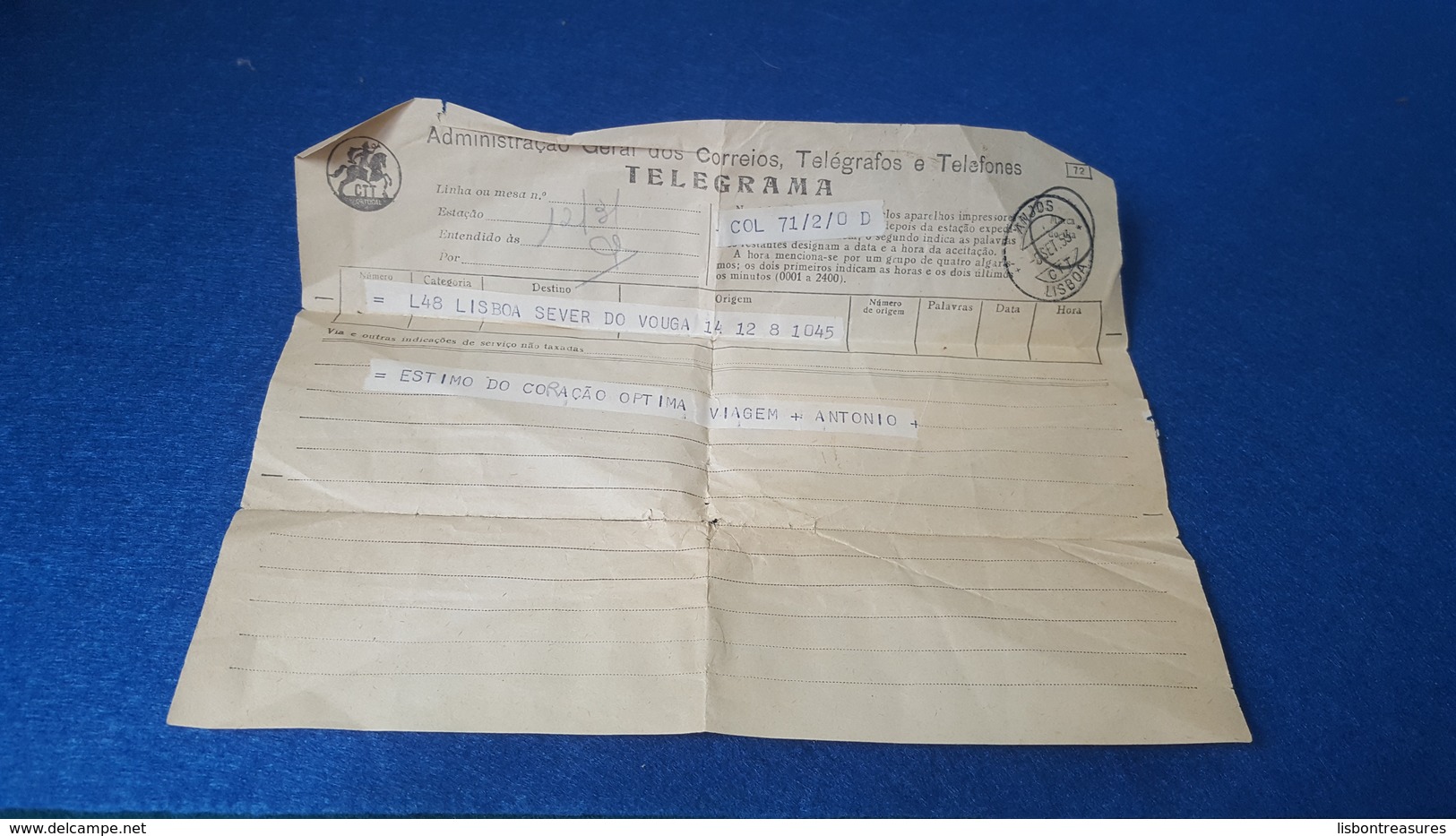 ANTIQUE PORTUGAL TELEGRAM ANJOS-LISBOA CANCEL FROM SEVER DE VOUGA 1953 - Briefe U. Dokumente