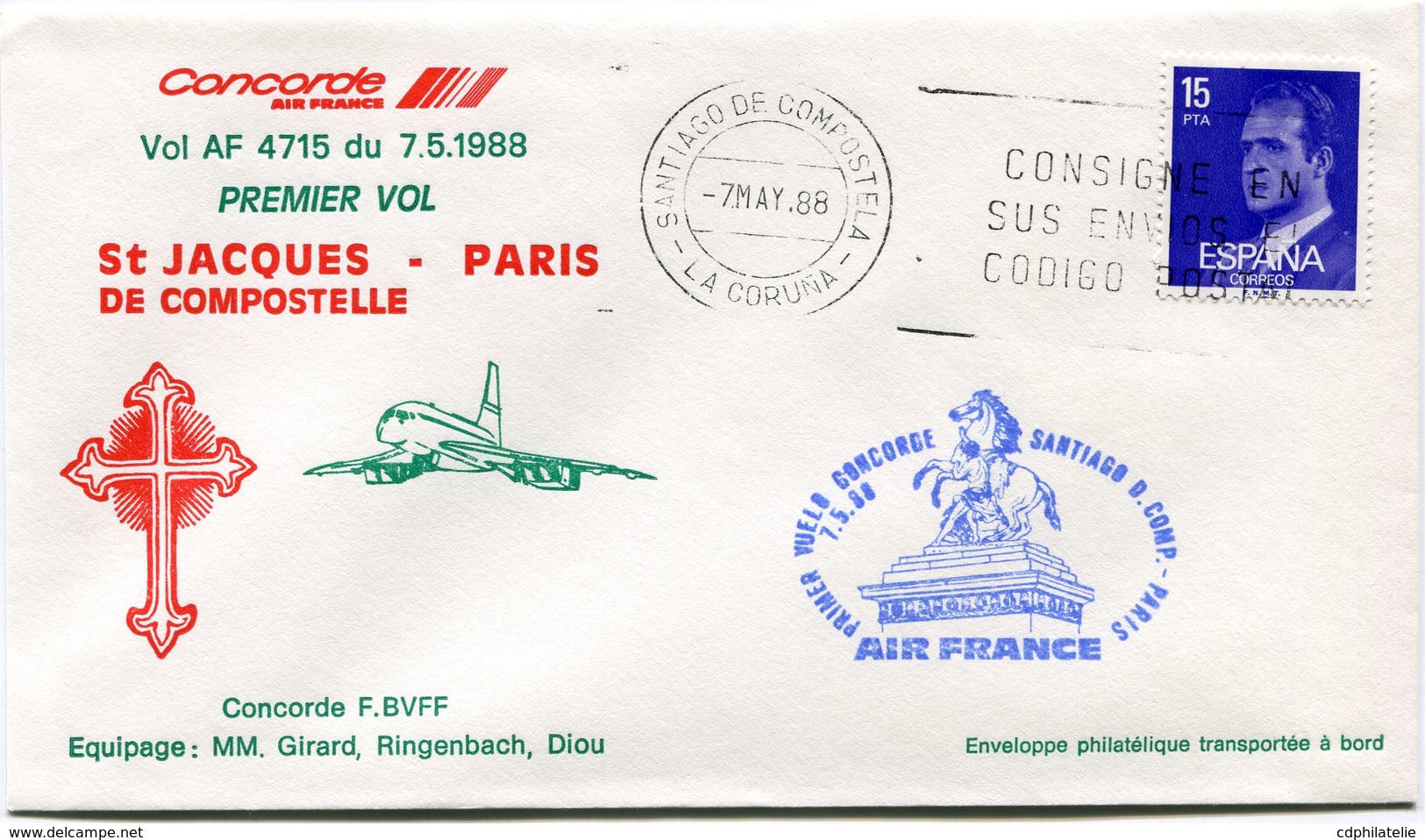 ENVELOPPE CONCORDE PREMIER VOL ST JACQUES DE COMPOSTELLE - PARIS DU 7-5-1988 - Concorde