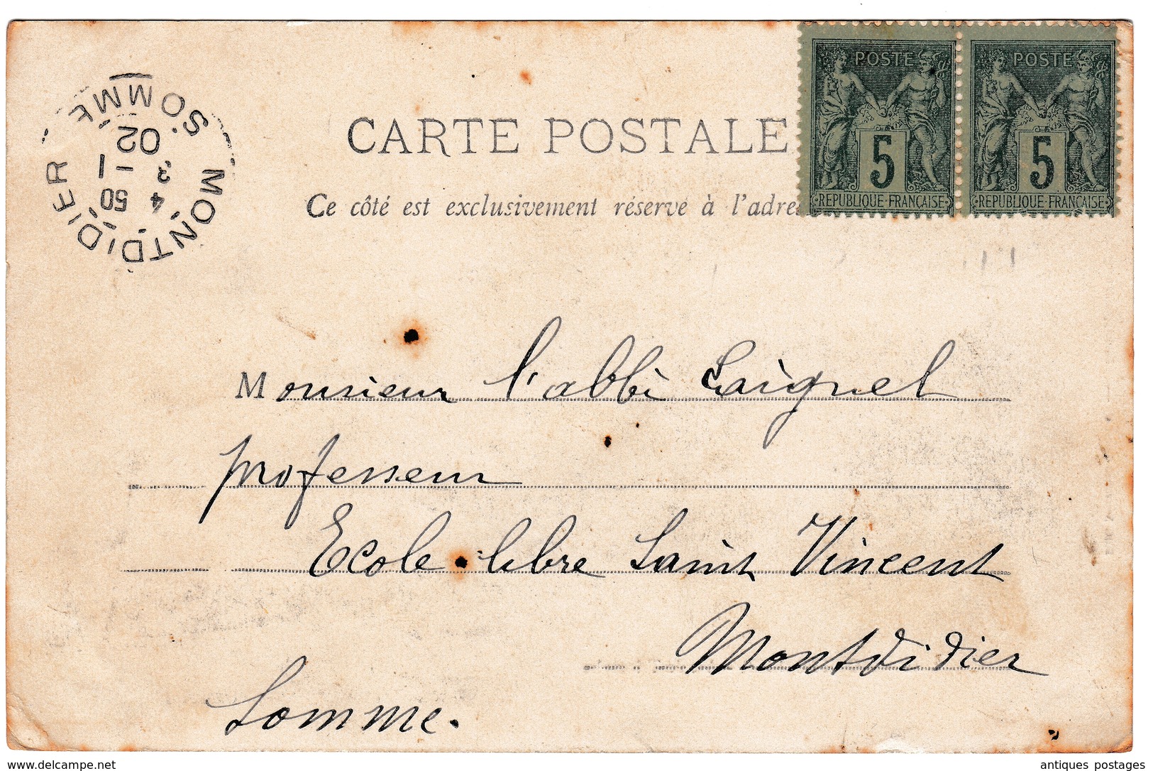 Carte Postale Montpellier Arc De Triomphe Hérault Montdidier Somme 1902 Paire Type Sage 5 Centimes - 1900-29 Blanc