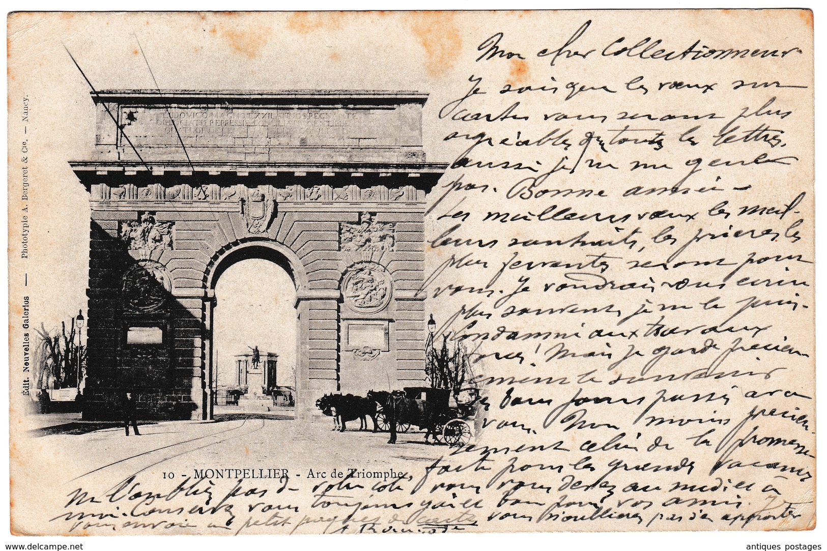 Carte Postale Montpellier Arc De Triomphe Hérault Montdidier Somme 1902 Paire Type Sage 5 Centimes - 1900-29 Blanc
