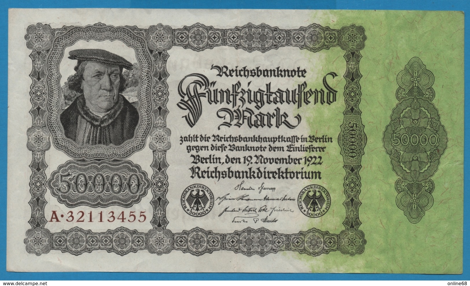 DEUTSCHES REICH 	50000 Mark 19.11.1922	No A.32113455 P# 79 ("Reichsdruck") Bürgermeister Brauweiler - 50.000 Mark