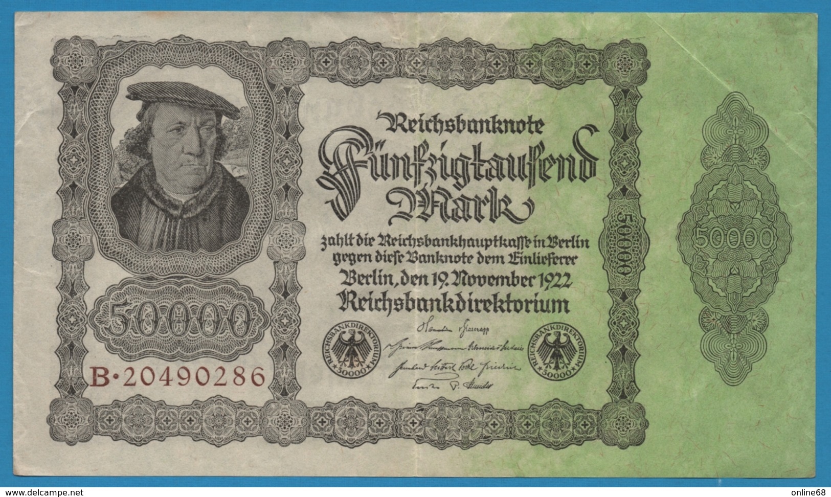 DEUTSCHES REICH 	50000 Mark 19.11.1922	No B.20490286 P# 79 ("Reichsdruck") Bürgermeister Brauweiler - 50000 Mark