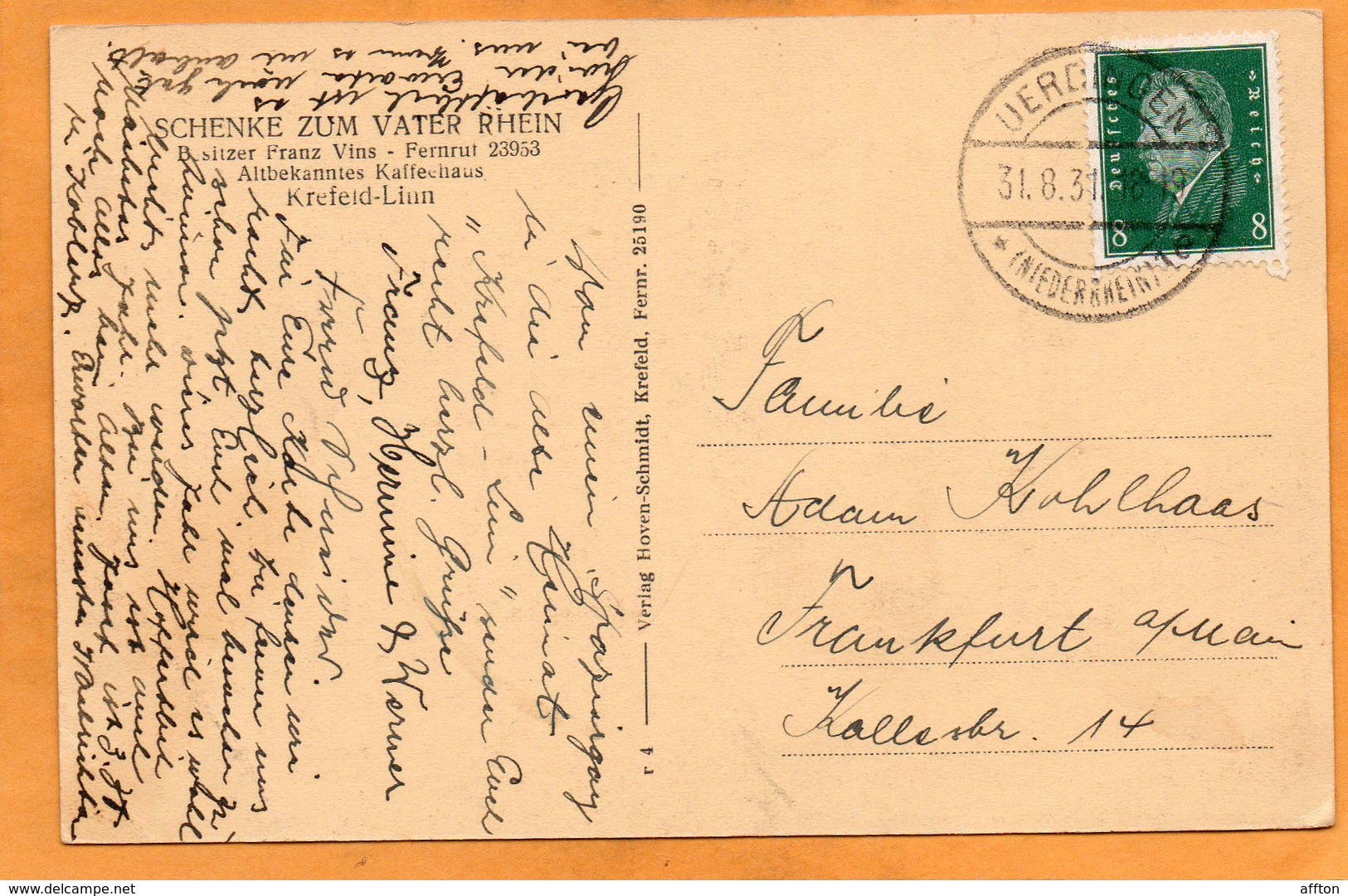 Krefeld Linn Schenke Zum Vater Rhein 1931 Postcard - Krefeld