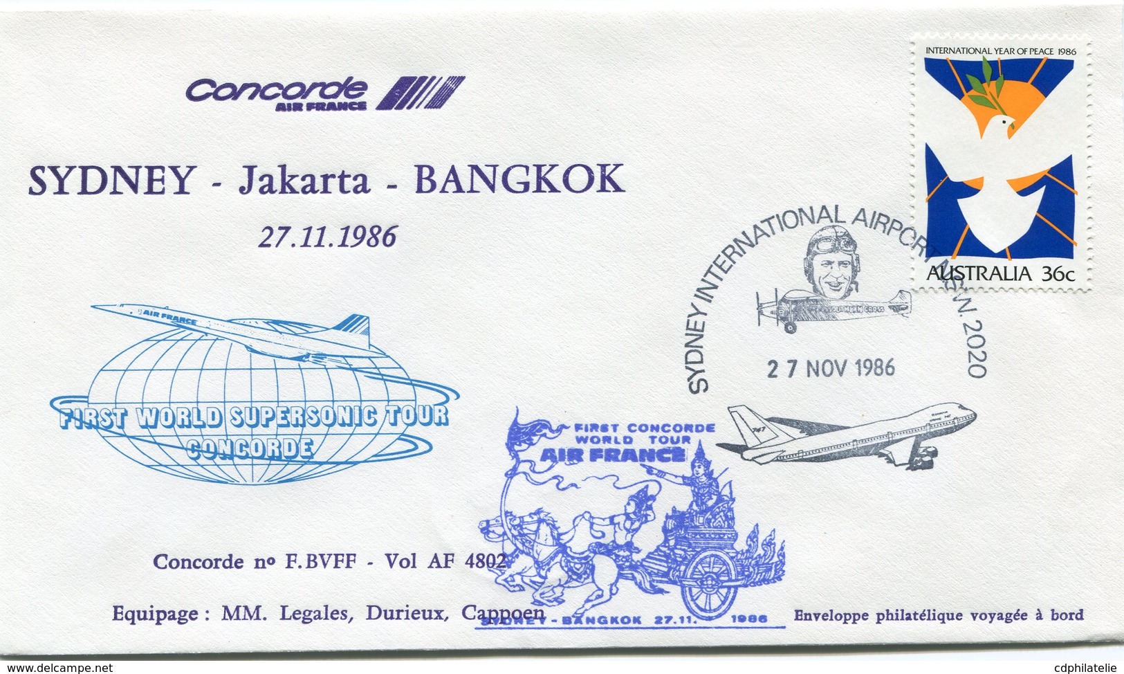 ENVELOPPE CONCORDE FIRST WORLD SUPERSONIC TOUR CONCORDE VOL SYDNEY - JAKARTA - BANGKOK  DU 27-11-1986 - Concorde