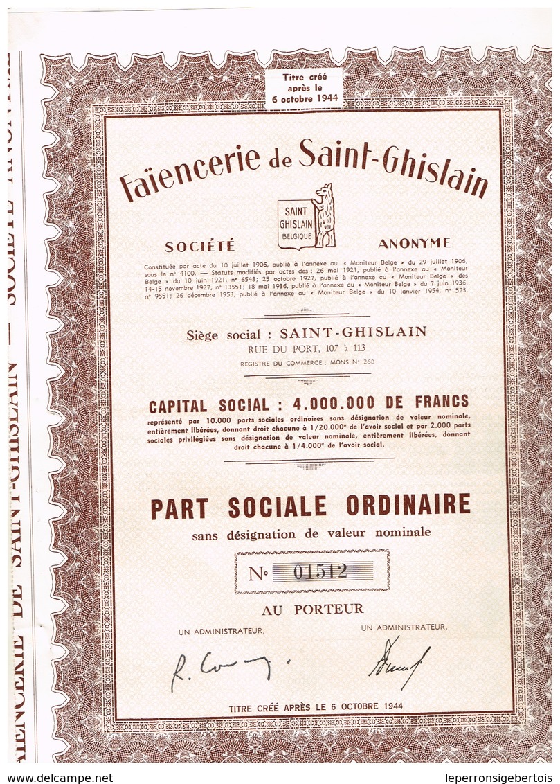 Titre Ancien - Faïencerie De Saint-Ghislain Société Anonyme -Titre De 1954 - Industrie