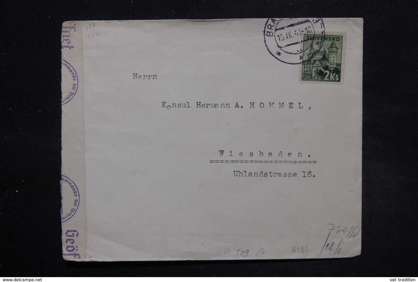 SLOVAQUIE - Enveloppe De Bratislava Pour Wiesbaden En 1941 Avec Contrôle Postal - L 27099 - Lettres & Documents