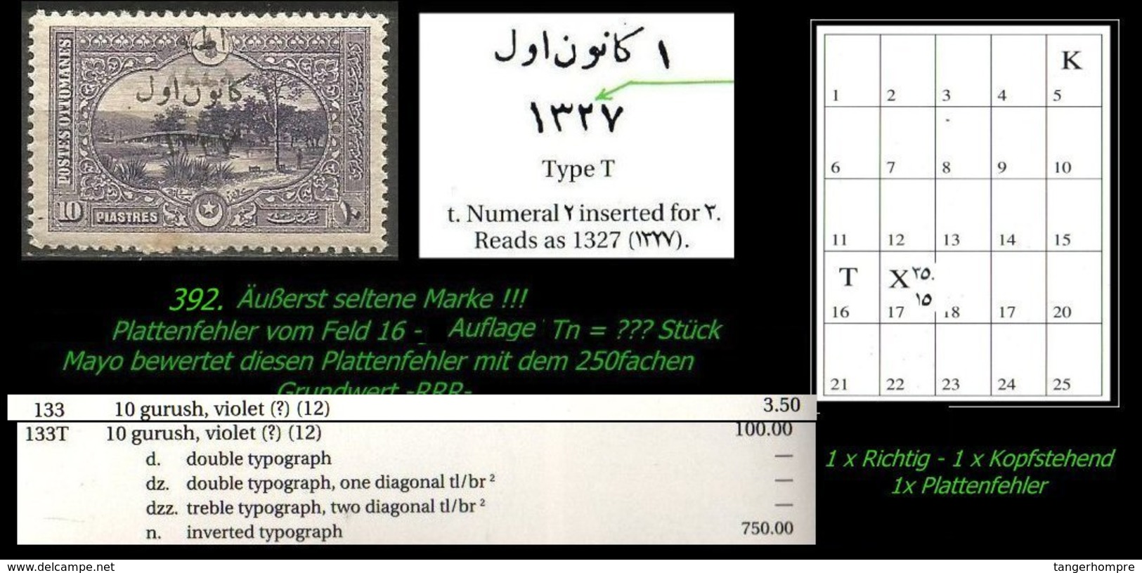 EARLY OTTOMAN SPECIALIZED FOR SPECIALIST, SEE...Mi. Nr. (761 II) - Mayo 133  T + Tn  - Plattenfehler -RRR- - 1920-21 Anatolia