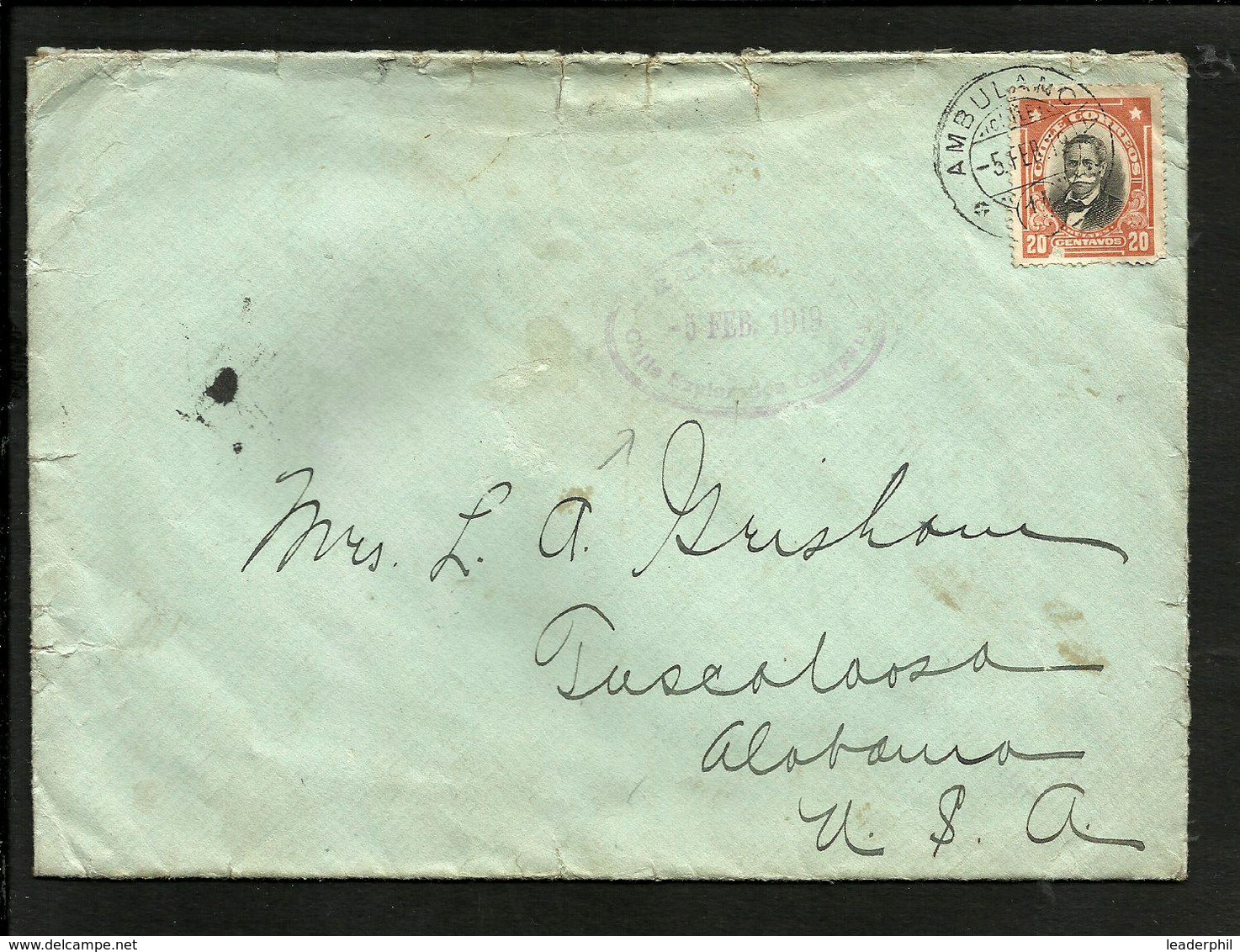 CHILE AMBULANCIA 14 COVER 1919, TO USA (TUSCALOOSA, ALABAMA) - Chile