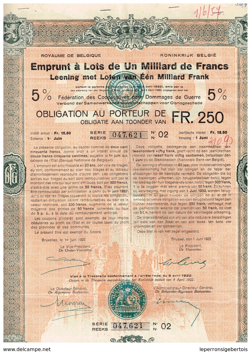 Titre Ancien - Royaume De Belgique - Emprunt à Lots De 1 Milliard De Francs- Dommages De Guerre 1922 - 5% - A - C