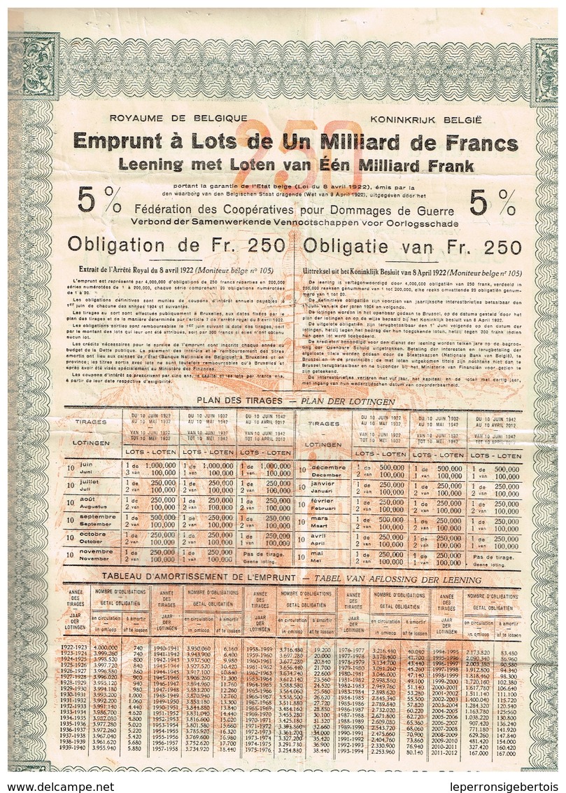 Titre Ancien - Royaume De Belgique - Emprunt à Lots De 1 Milliard De Francs- Dommages De Guerre 1922 - 5% - A - C