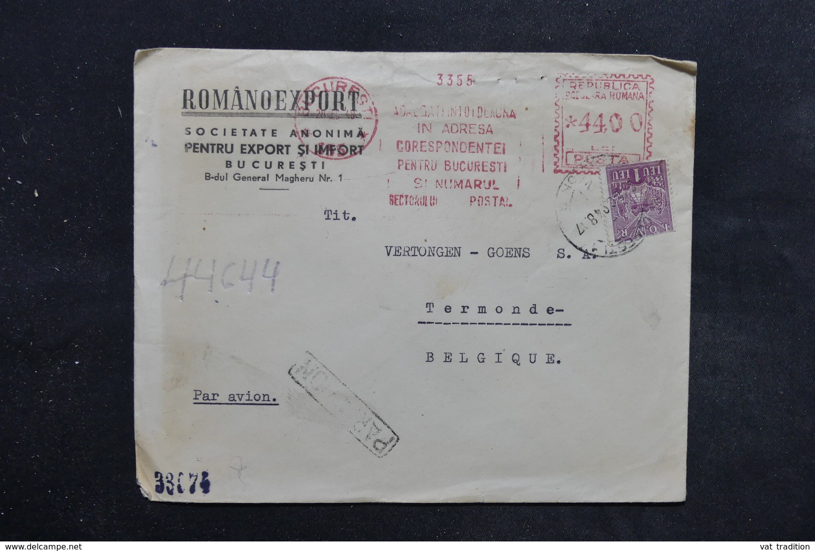 ROUMANIE - Enveloppe Commerciale De Bucarest Pour La Belgique En 1948, Affranchissement Mécanique + Complément - L 27110 - Briefe U. Dokumente