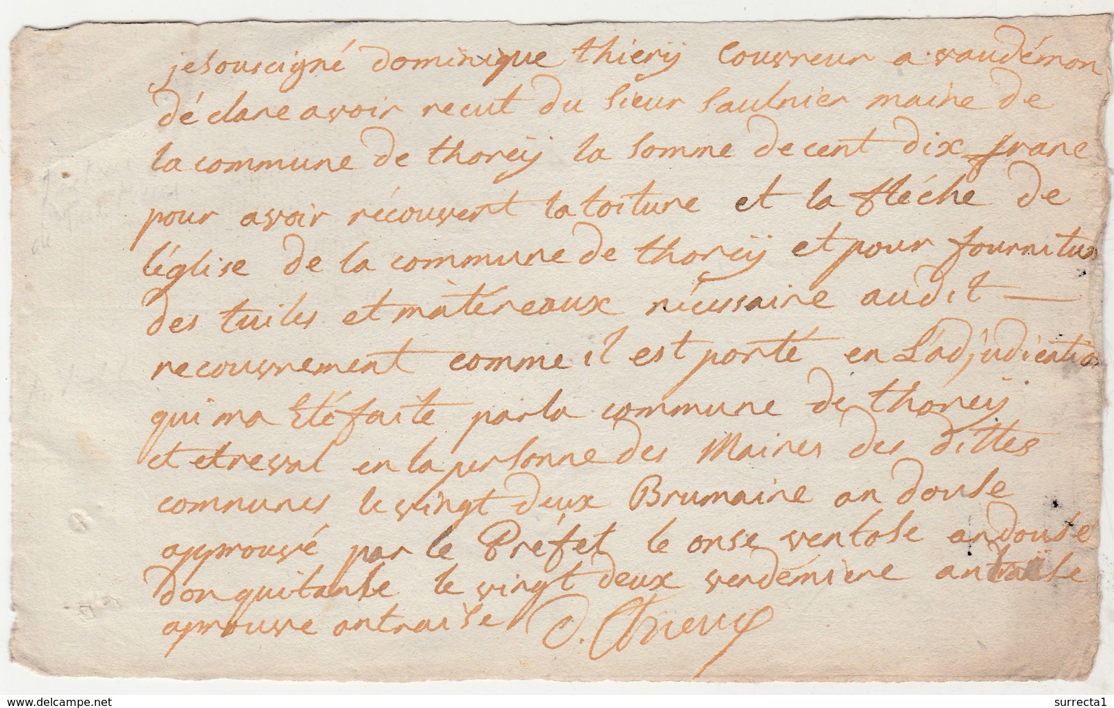 22 Brumaire An XII / Thiery Couvreur / Pour Avoir Réparé Toit & Flèche église /Préfet Mairie 54 Thoney Lyautey Vaudémont - ... - 1799