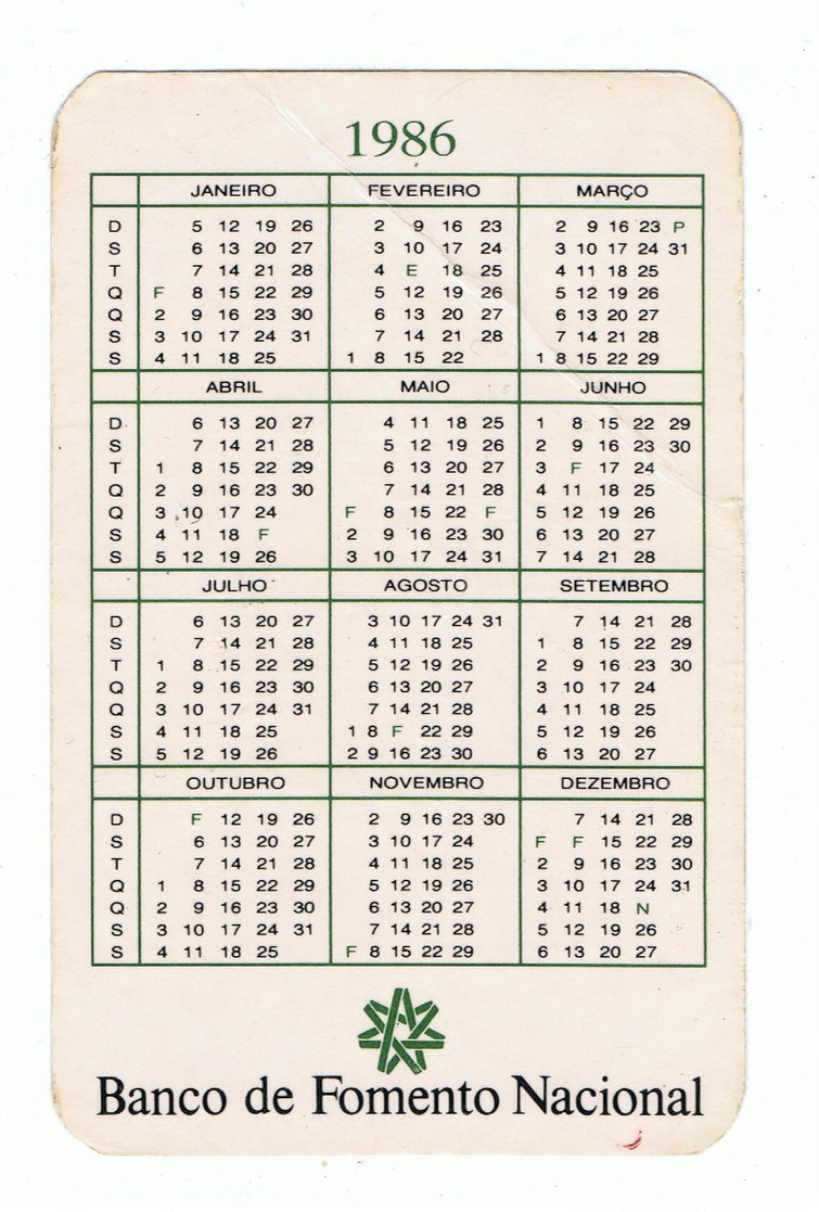 POCKET CALENDAR»PORTUGAL»BANCO DE FOMENTO NACIONAL (BANK)»1986»VG CONDITION - Klein Formaat: 1981-90