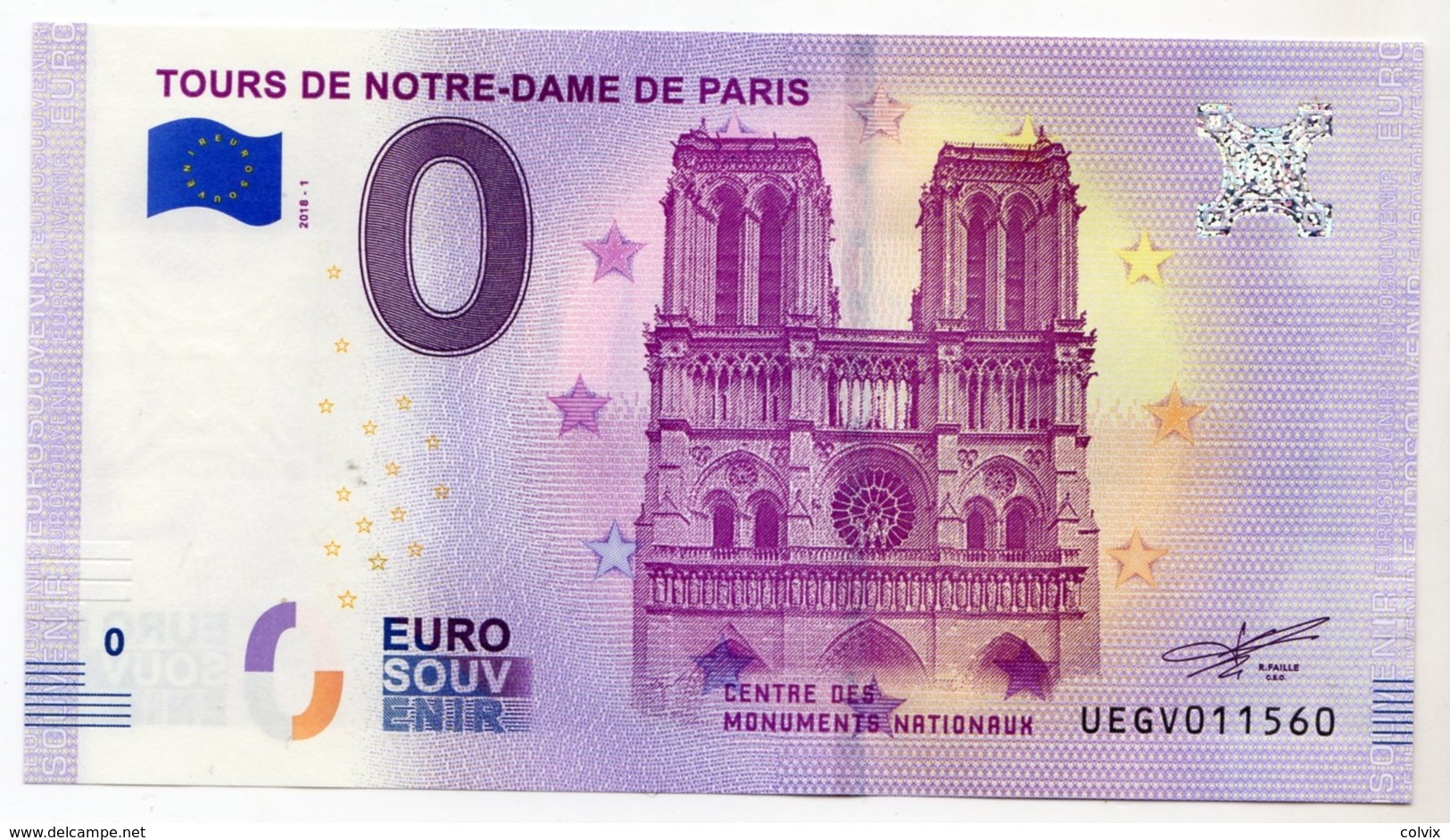 2018-1 BILLET TOURISTIQUE FRANCE 0 EURO SOUVENIR N°UEGV011560 TOURS DE NOTRE DAME DE PARIS - Essais Privés / Non-officiels