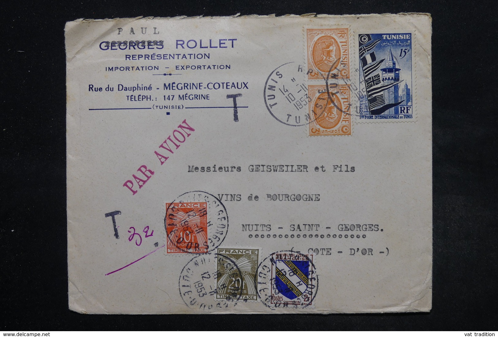 FRANCE - Taxes ( Dont Blason) De Nuits St George Sur Enveloppe Commerciale De Tunisie En 1953 - L 27121 - 1859-1959 Storia Postale