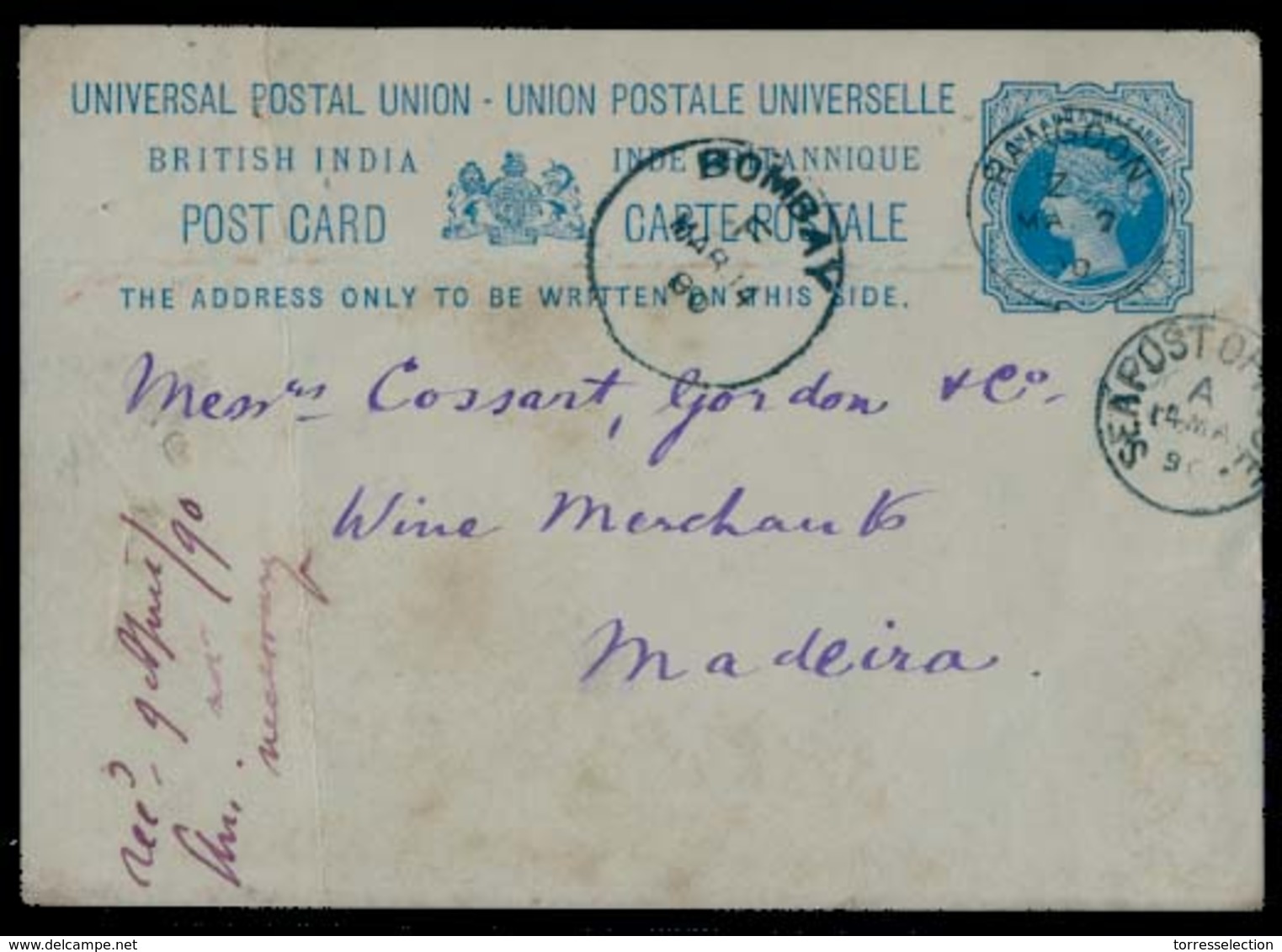 BURMA. 1890 (7 March). Rangoon - Madeira / Port Atlantic Isl (8 April). India Blue Stat Card Via Bombay + Sea PO Arrival - Burma (...-1947)