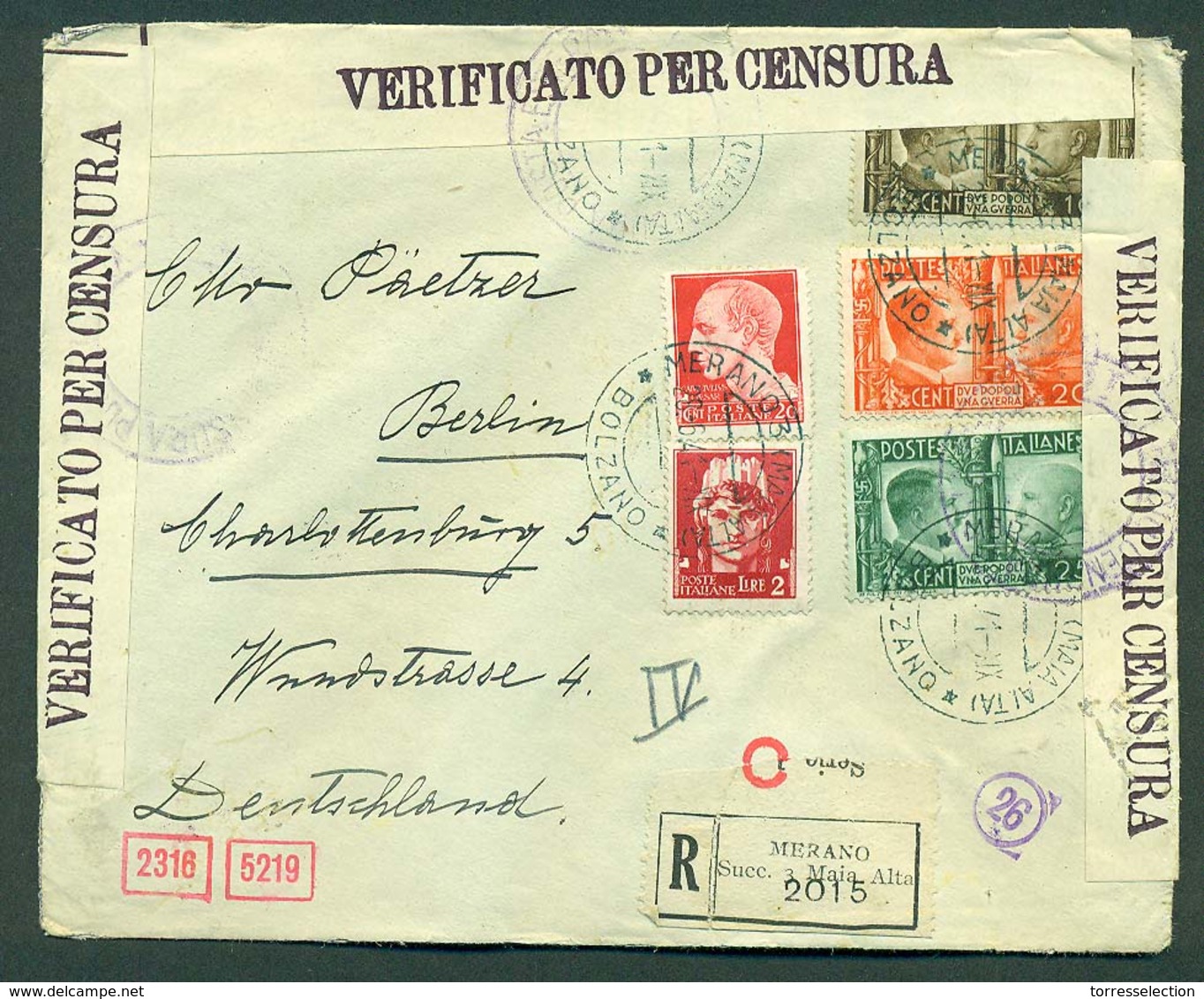 Italy - XX. 1941 (28 June). Merano Maia Alta - Germany (3 July). Reg Multifkd Env. Fine. - Ohne Zuordnung