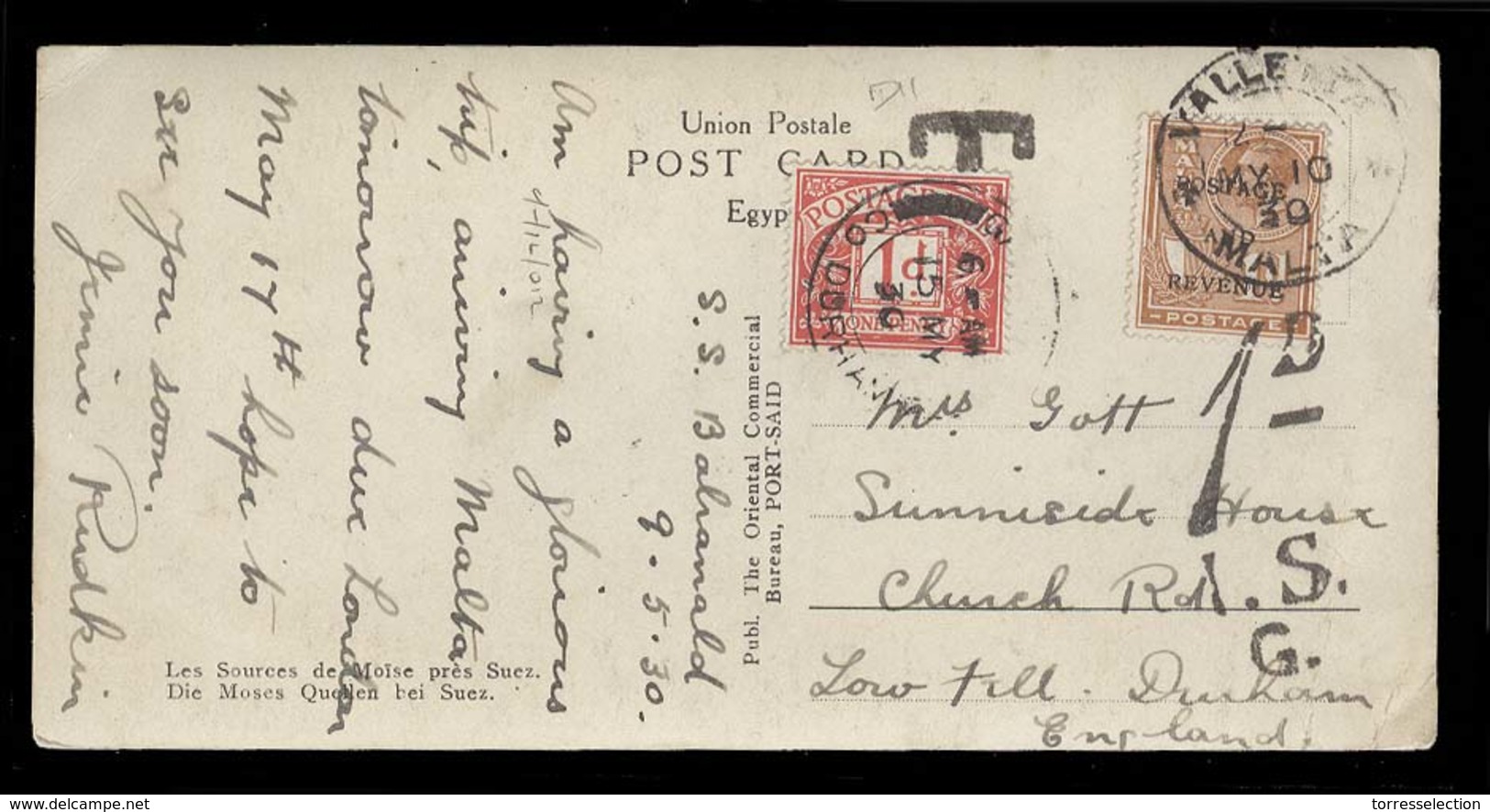 BC - Malta. 1930 (9 May). SS Balianald / Valletta - UK. Fkd Taxed PPC All Stamps Tied. VF. - Other & Unclassified