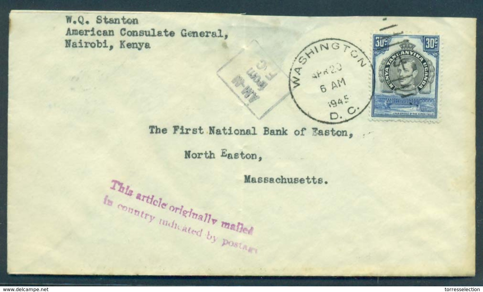 BC - Kenya. 1945 (Aprl). US Diplomatic Mail. Washington Cancelled. Nairobi - USA. Fkd Env. Fine. Unusual Small Size. - Other & Unclassified