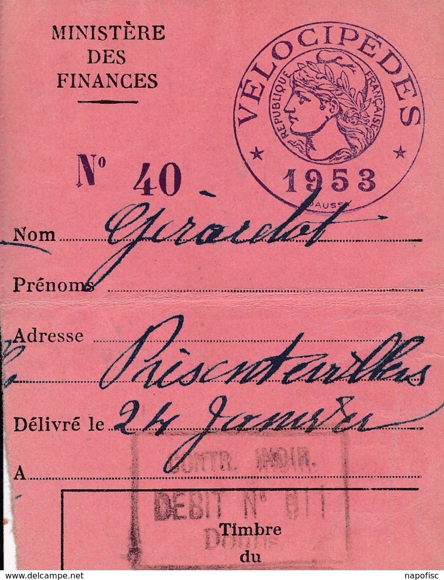 Taxe Fiscale Vélocipède 1953 - Other & Unclassified