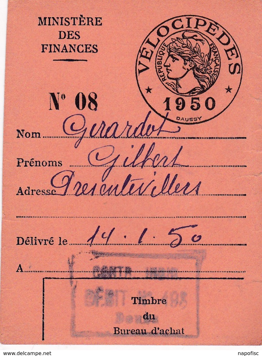 Taxe Fiscale Vélocipède 1950 - Other & Unclassified