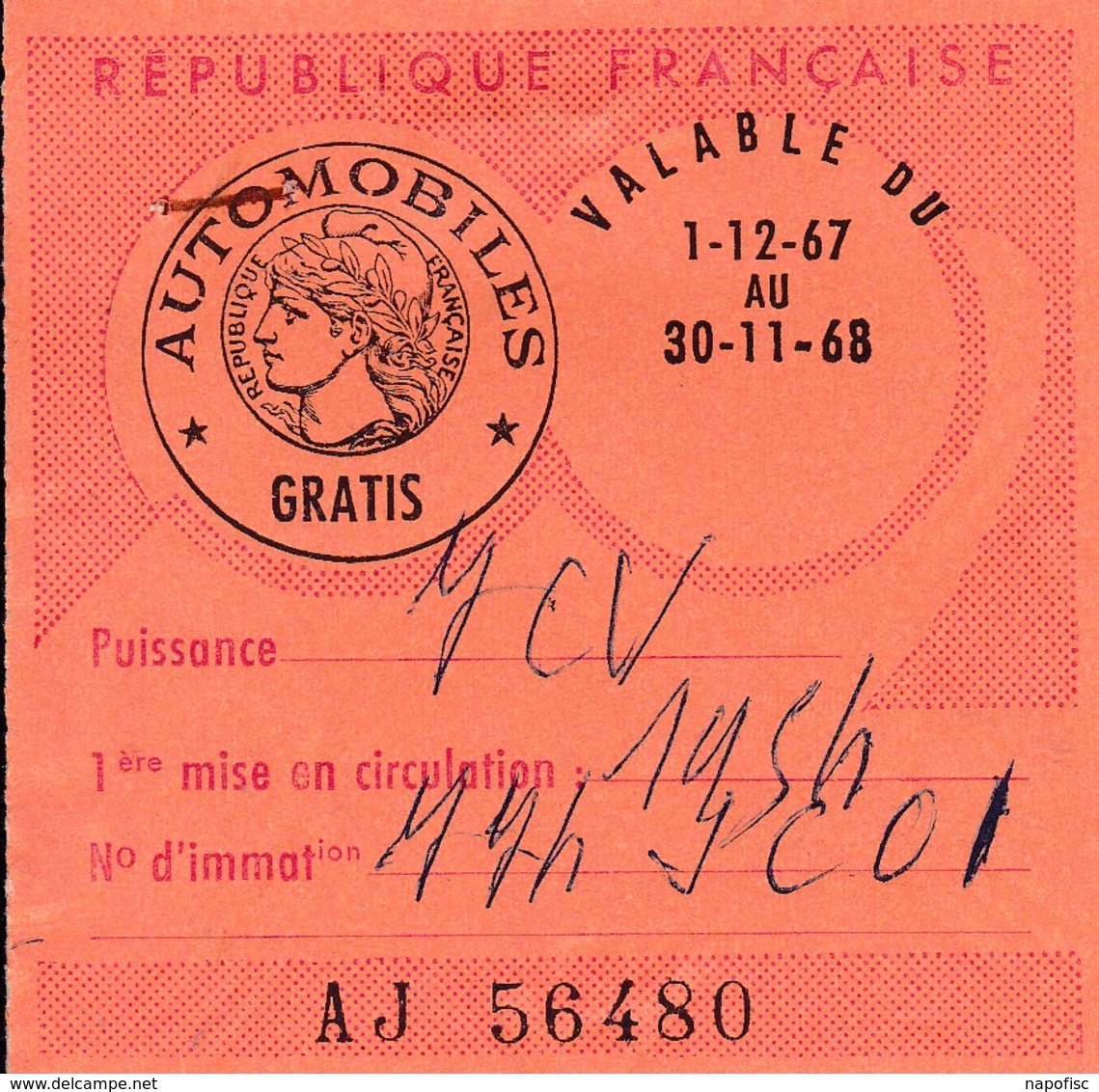 Taxe Fiscale Vignette Automobile. Tarif Gratis   7CV 1967-68 - Other & Unclassified