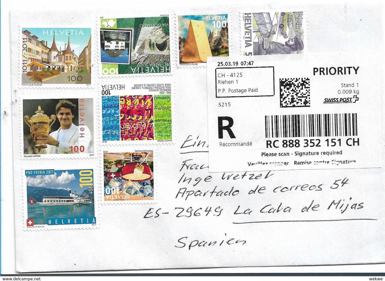 CH317 / SCHWEIZ - Einschreiben, Buntfrankatur Mit 8 Marken Auf Brief Von 2019 N. Spanien - Cartas & Documentos