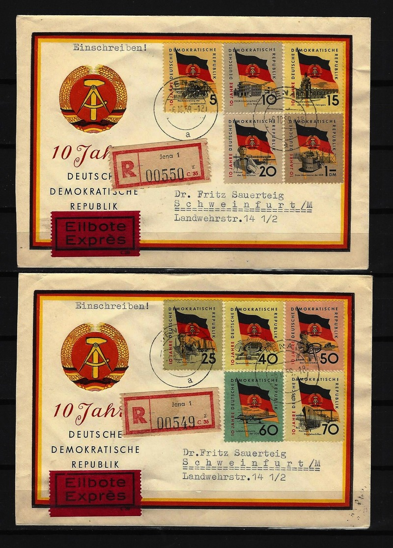 DDR - 2 RECO-EXPRESS-Belege Mi-Nr. 722 - 731 Ersttags-Tagesstempel JENA - Autres & Non Classés