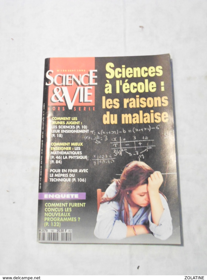 SCIENCE ET VIE HS N°180 DE SEPTEMBRE 1992 SCIENCES A L ECOLE LES RAISONS DU MALAISE - Science