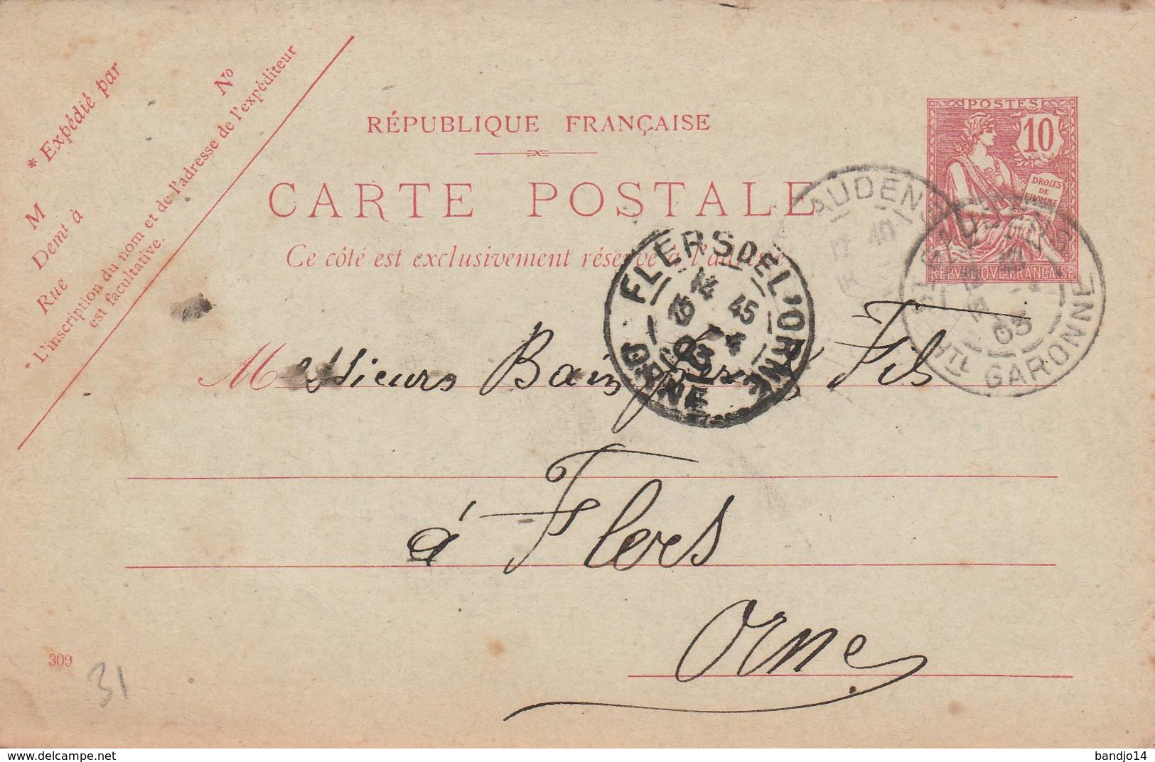 Saint Gaudens   Cachet Negociant " R. FERRERE "  Sur Entier Postal - Scan Recto-verso - Cartes Postales Types Et TSC (avant 1995)