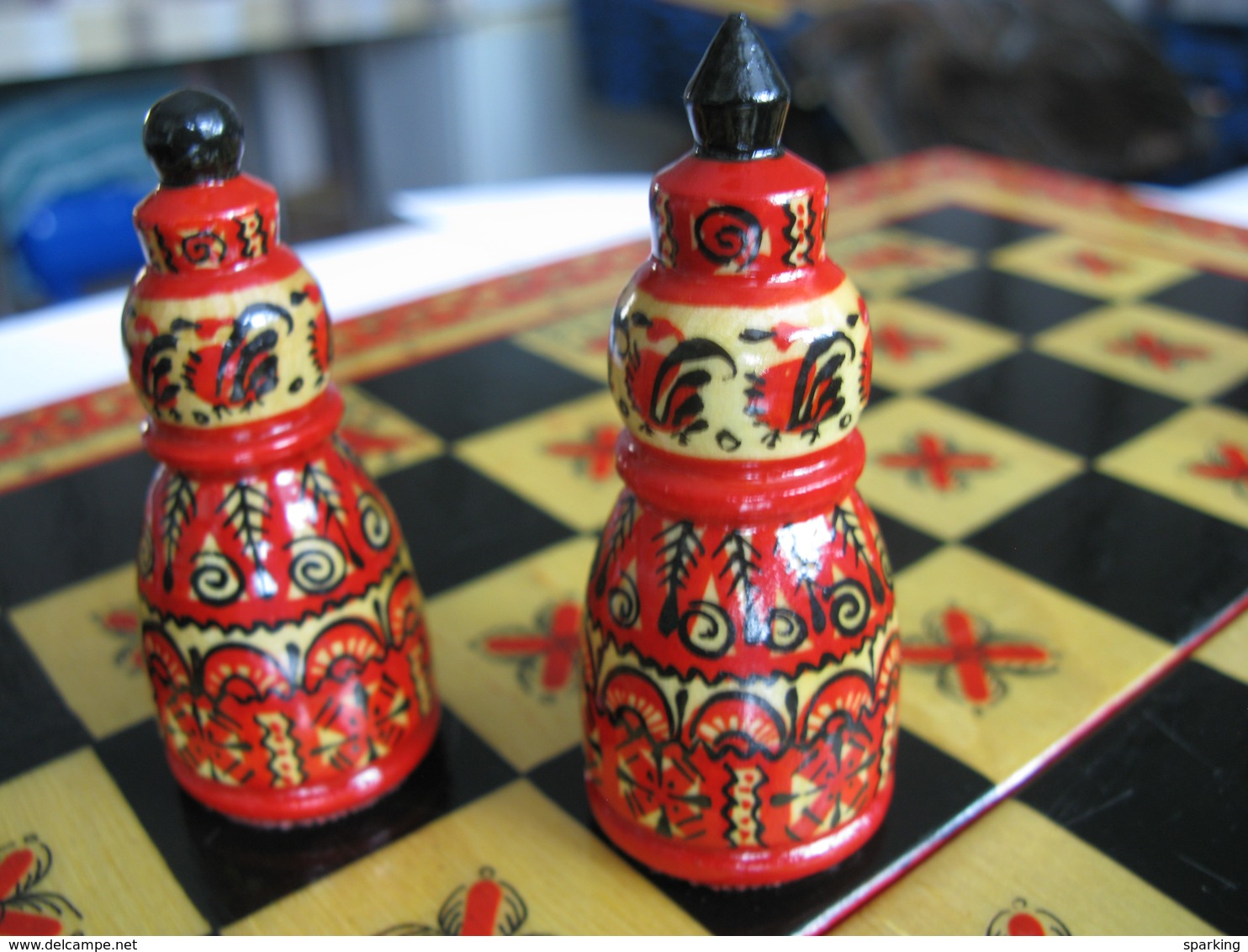 Chess Exclusive, Wooden Carved (set), Hand-painted In The Style Of Mezen Painting. 1980-ies, Soviet Union, Russia. - People