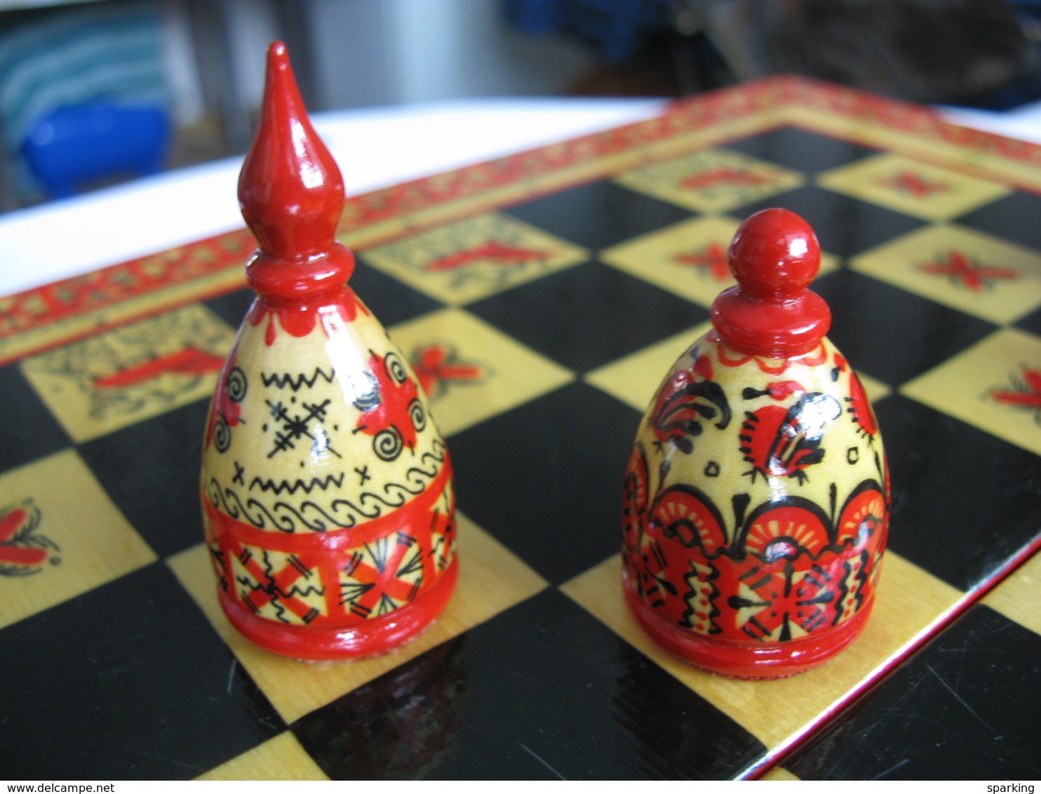 Chess Exclusive, Wooden Carved (set), Hand-painted In The Style Of Mezen Painting. 1980-ies, Soviet Union, Russia. - Personaggi