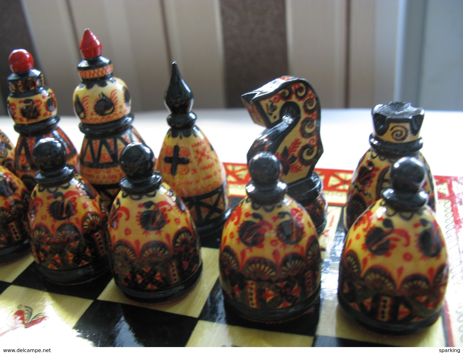 Chess exclusive, wooden carved (set), hand-painted in the style of Mezen painting. 1980-ies, Soviet Union, Russia.