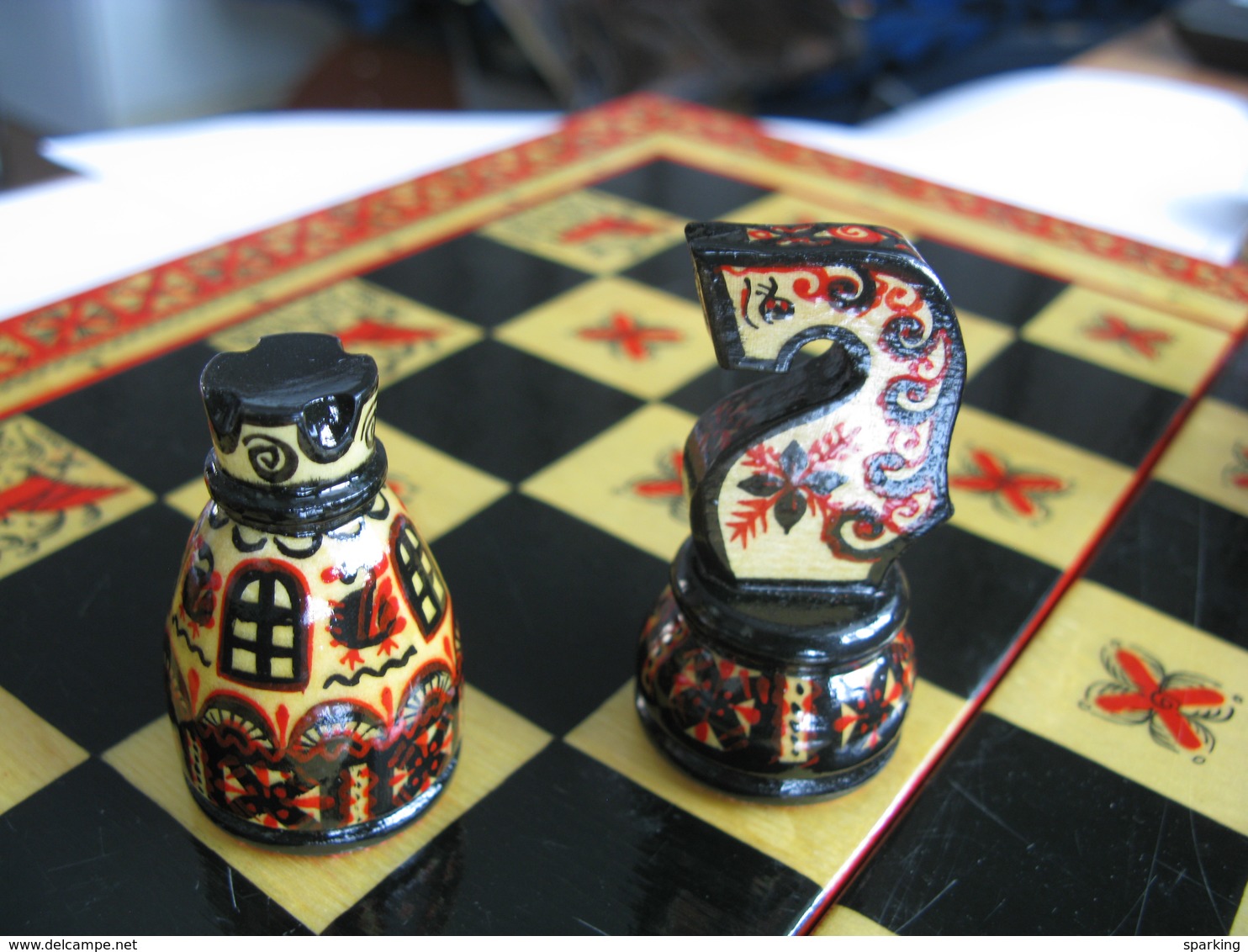 Chess exclusive, wooden carved (set), hand-painted in the style of Mezen painting. 1980-ies, Soviet Union, Russia.