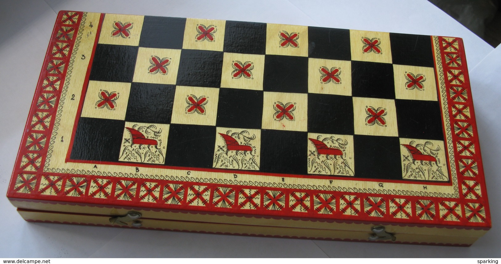 Chess exclusive, wooden carved (set), hand-painted in the style of Mezen painting. 1980-ies, Soviet Union, Russia.