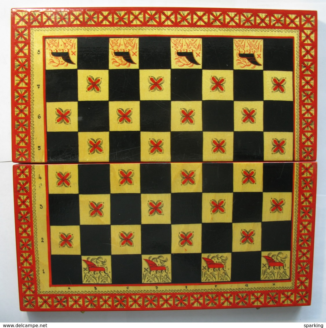 Chess exclusive, wooden carved (set), hand-painted in the style of Mezen painting. 1980-ies, Soviet Union, Russia.