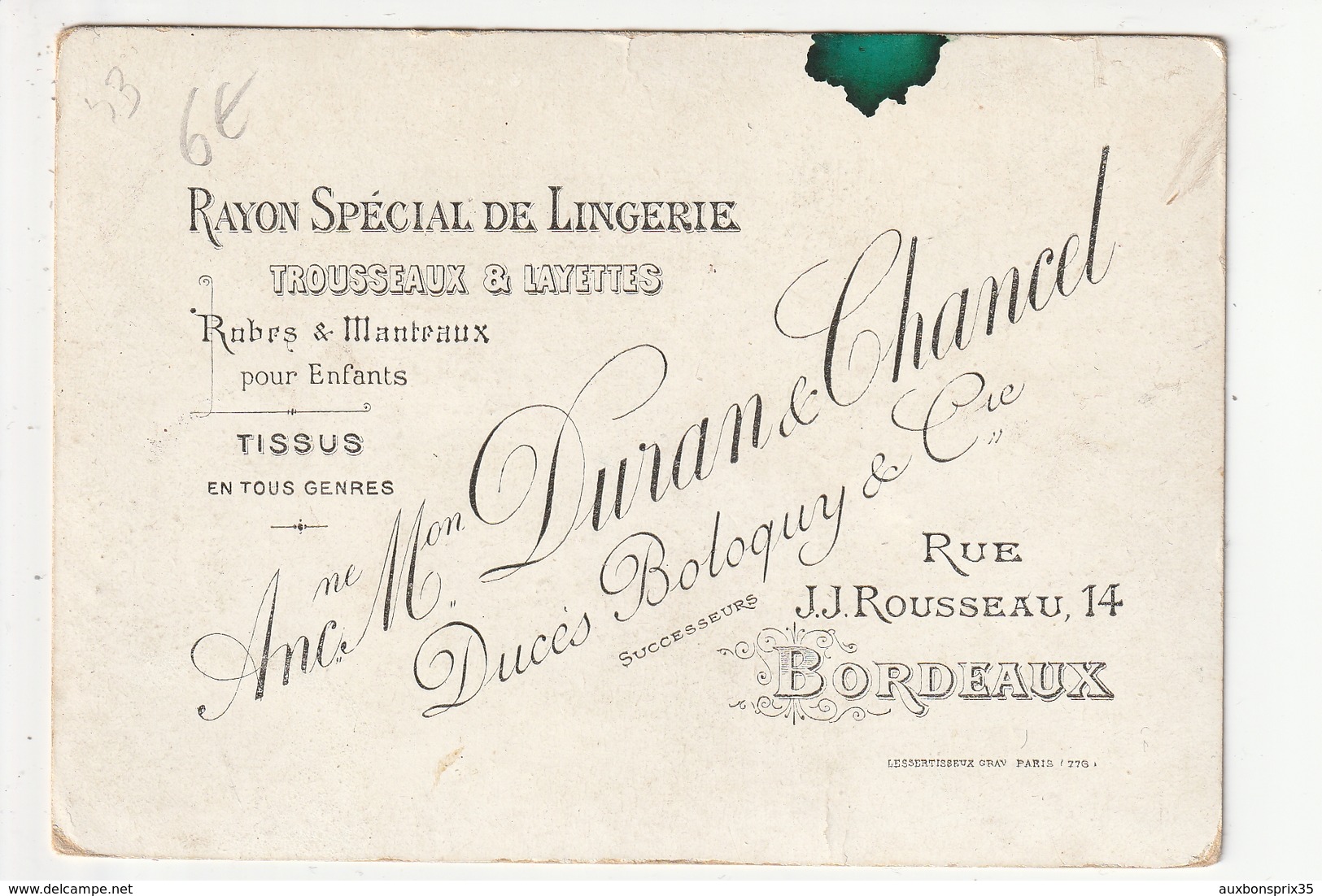 CARTE PUBLICITAIRE (CHATS) - BORDEAUX - TROUSSEAUX ET LAYETTES - DUCES BOLOQUY - 14 RUE J.J. ROUSSEAU - 33 - Bordeaux