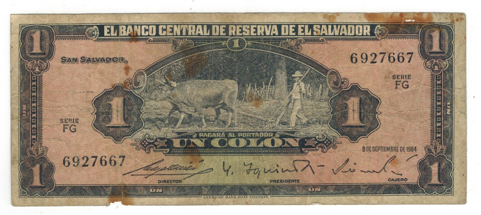 El Salvador 1 Colon 1964, VG. Rare - El Salvador